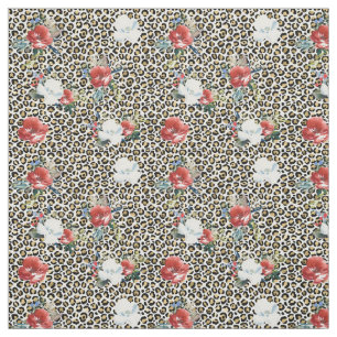 Tissu Empreinte de léopard noir or Fleurs blanches rouge