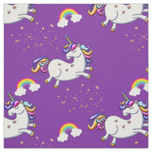 Tissu Étoiles et arc-en-ciel pourpres d'or de licornes