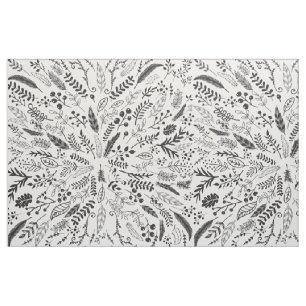 Tissu Fermes, plumes, baies et brindilles noires et blan