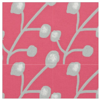 Tissu Feuillage à motif gris argenté sur fond rose rouge