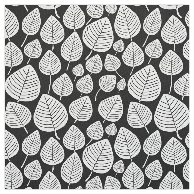 Tissu Feuille - Blanc sur noir (Échantillon)