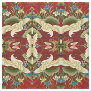 Tissu Feuille et grues de Gingko rouges