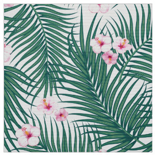 Tissu Feuilles de palmiers tropicaux verts avec fleurs d