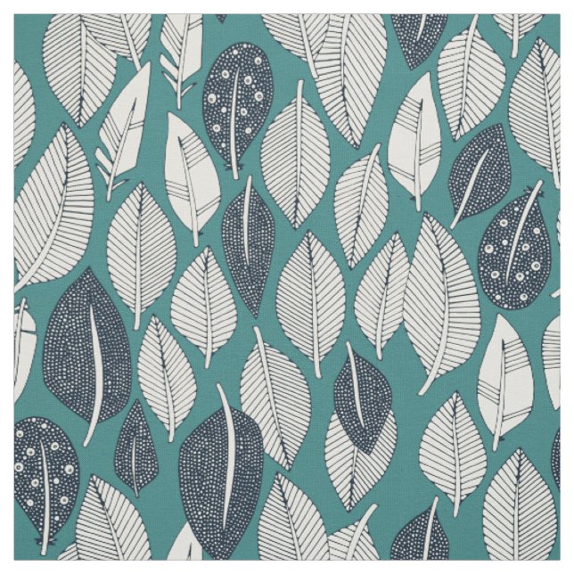 Tissu feuilles et plumes turquoises (Échantillon)