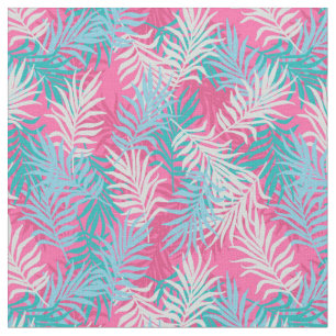 Tissu Feuilles roses, Turquoises et aquatiques tropicaux