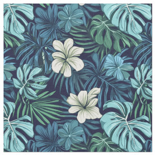 Tissu Feuilles tropicaux et fleurs bleu vert