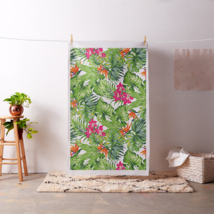Tissu Feuilles verts tropicaux et fleurs roses 