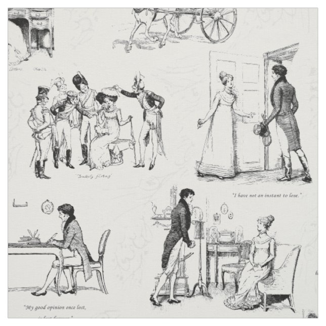 Tissu Fierté et préjugé Toile blanche noire (Échantillon)