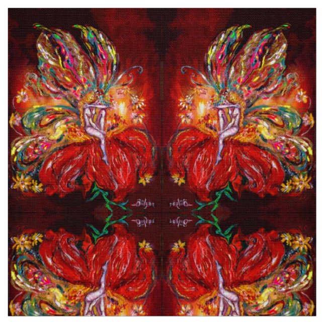Tissu FIRE FAIRY SUR L'Imaginaire À FLEURS ROUGES (Échantillon)