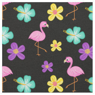 Tissu Flamants roses et fleurs roses mignons Noir