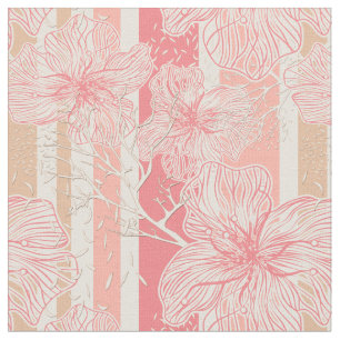 Tissu Fleurs abstraites tropicales rayées pêche apricot 