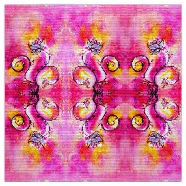Tissu FLEURS BLANCHES rose fuchsia jaune (Échantillon)