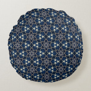 Tissu Fleurs Bleu Minuit Coussin Rond