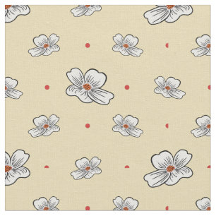 Tissu Fleurs de bois de chien et points rouges sur crème