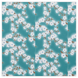Tissu Fleurs de cerisier blanc motif floral Turquoise