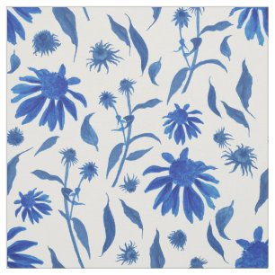 Tissu Fleurs de cône bleu d'Indigo sur blanc