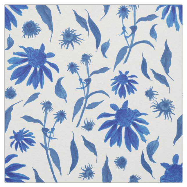 Tissu Fleurs de cône bleu d'Indigo sur blanc (Échantillon)