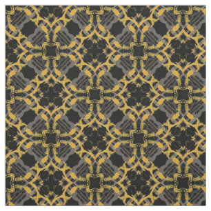 Tissu Fleurs de Filigree or et Motif de chèque gris noir