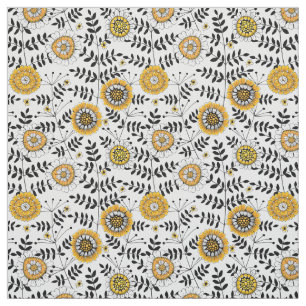 Tissu Fleurs de gribouillis et feuilles en jaune et noir