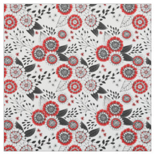 Tissu Fleurs de gribouillis et feuilles en rouge et noir