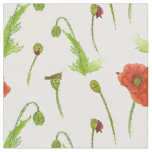 Tissu Fleurs de pavot Illustration botanique Rouge Flora