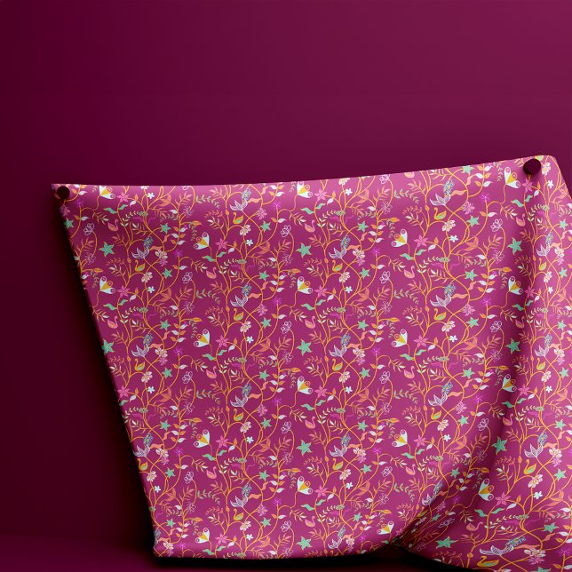 Tissu Fleurs et oiseaux du saumon rouge de la framboise (Créateur téléchargé)