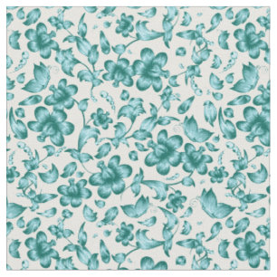 Tissu Fleurs Papillons Ressort Floral Turquoise sur blan
