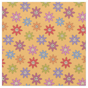 Tissu Fleurs Rétro Colorées Souriantes sur Fond Jaune