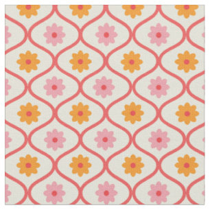 Tissu Fleurs rétro orange et rose sur motif Ogee