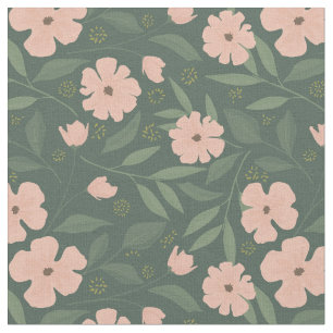 Tissu Fleurs roses rousses sur le modèle floral vert cha