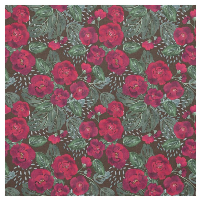 Tissu Fleurs rouges, aquarelle motifs floraux. (Échantillon)