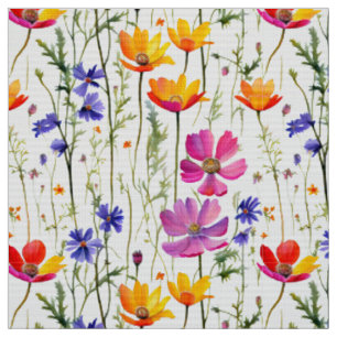 Tissu Fleurs sauvages colorés et herbe verte