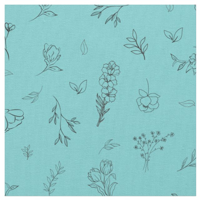 Tissu Fleurs sauvages esquissées sur un fond sarcelle cl (Fermer)