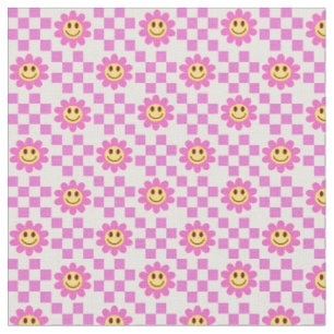 Tissu Fleurs souriantes rose vif à carreaux avec des car