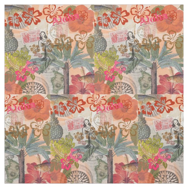 Tissu Fleurs vintages Hula Colorful Hawaiian Tropical (Échantillon)