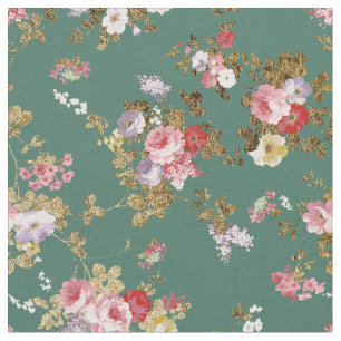 Tissu Floral élégant de vert forêt de pays d'or chic 