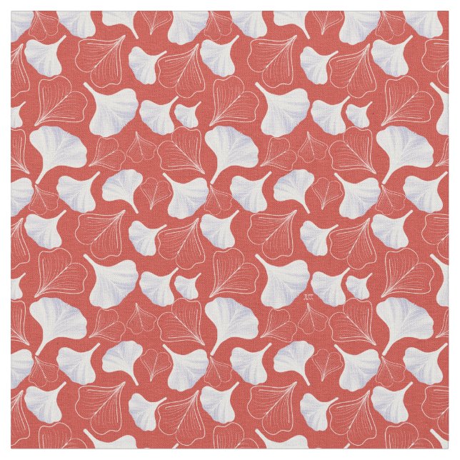 Tissu Floral Gingko feuille Motif rouge  (Fermer)