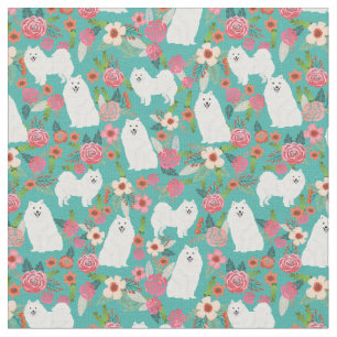 Tissu flores vintages de chiens spitz japonais turquoise