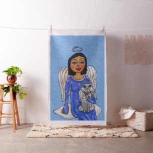 Tissu Folk Art Angel Bleu yeux Chat blanc sur Cloud