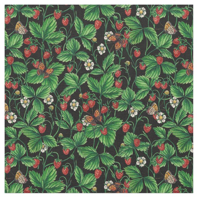Tissu Fraises sauvages sur le noir (Fermer)