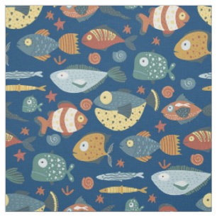 Tissu Funny Whimsical Ocean Fish Motif Bleu