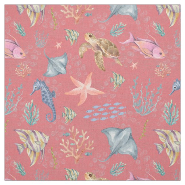 Tissu Gouache Vie Océanique Pastèque Texturée (Échantillon)