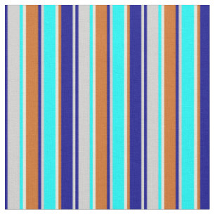 Tissu Gris, Bleu foncé, Chocolat, Lignes Beige & Cyan