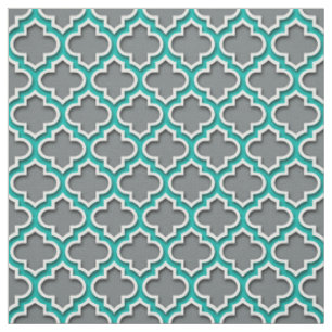 Tissu Gris de charbon Turquoise blanc Quatrefoil marocai