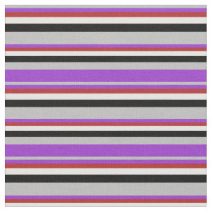 Tissu Gris, orchidée foncée, rayures rouge, blanche et n