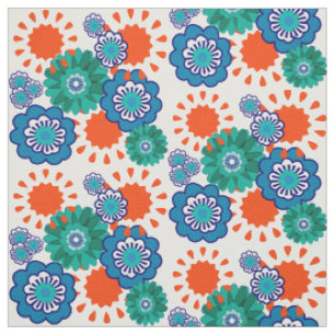 Tissu Grosses Fleurs Bleu Orange Mélange Floral Design
