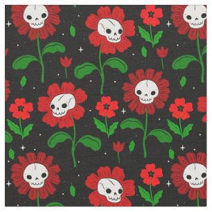 Tissu halloween crâne floral fleurs rouge