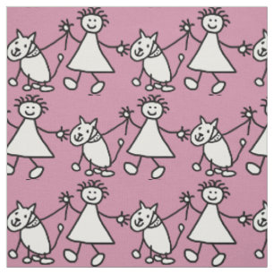 Tissu Happy Stick Girl and Dog