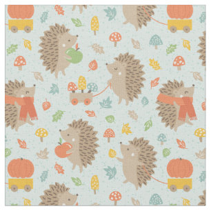 Tissu Hérisson mignon avec Petit Feuille bleu