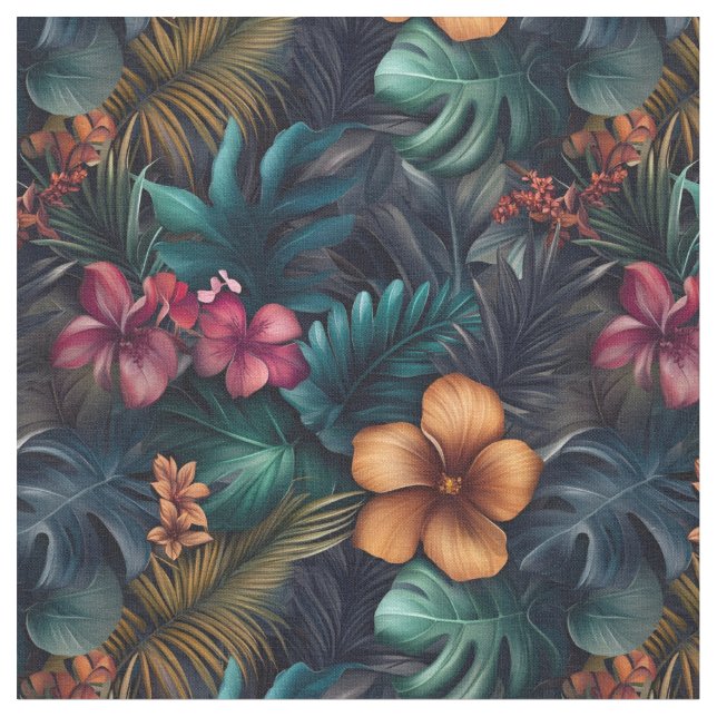 Tissu Hibiscus et Feuilles tropicaux foncés (Fermer)